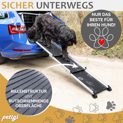 Teleskop Hunderampe für Auto, Ausziehbar, Aluminium, Hunde Rampe, Hundetreppe, SUV, rutschfest 90 kg Belastbarkeit petigi