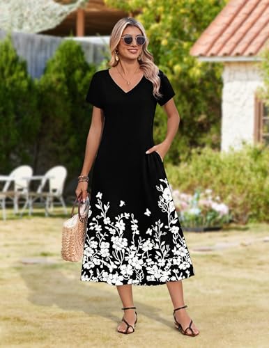 Image of Zeagoo Women Summer Floral Dress Short Sleeve Beach Dress with Pockets Casual V-Neck Split Long T-Shirt Dress Travel Vacation