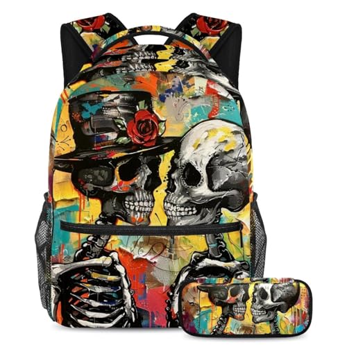 Cartable ensemble sac à dos avec trousse motif couple de squelettes d'art