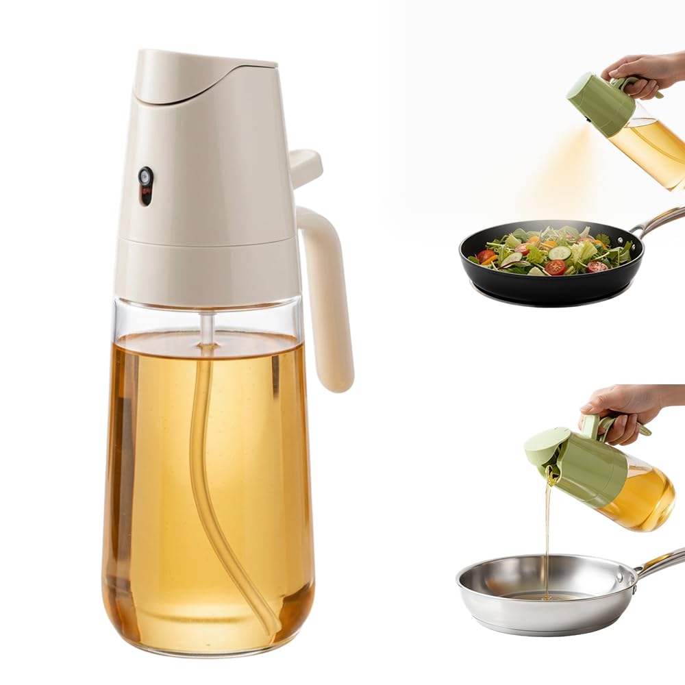 AIIONP 2-in-1-Glas-Ölsprüher und -spender, Premium-Ölspenderflasche für Küche, Lebensmittelqualität, Ölsprühflasche zum Kochen, Luftfritteuse, Braten, Grillen (weiß-600)