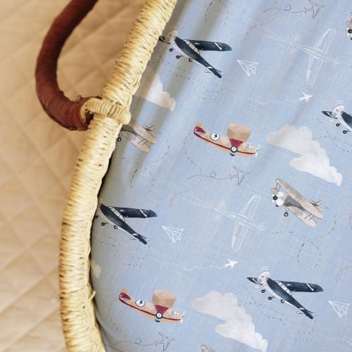 Image of Baby Bassinet Sheets for Boy, Girl (Airplanes & Clouds) 2-Pack - Fitted Bedside Bassinet Sheets - Buttery Soft Cotton Blend for Standard Mattress Pad