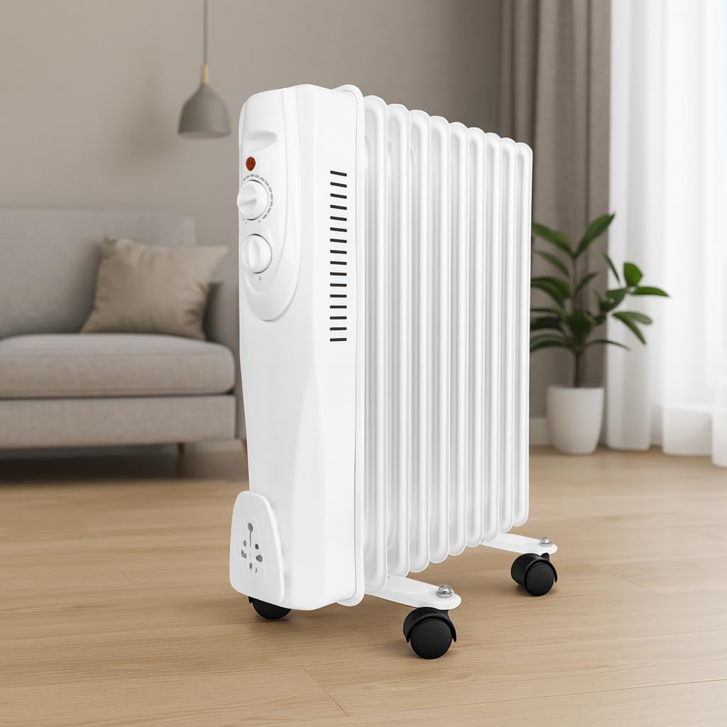 UNIVERSALBLUE Calefactor Eléctrico de Aceite Bajo Consumo | Radiador Aceite Blanco 1500W | 9 Elementos Calefactores | Silencioso | Sistema de Seguridad | Termostato Ajustable