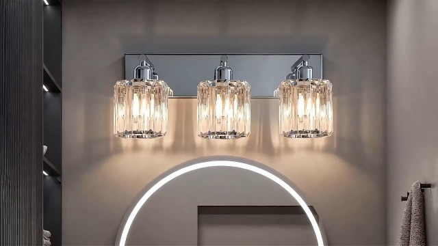Image of Brushed Chrome Crystal Bathroom Vanity Light, 4-Light Modern Bathroom Lighting Fixtures Over Mirror,Chrome Wall Sconce Light Fixtures with Round Shade