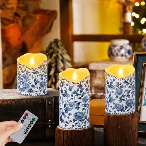 Image of Lebaley 3PCS Chinoiserie Flameless Candles - Blue and White Porcelain Candles with Remote,Floral Battery Operated LED Candles,Blue Pillar Candles Chinoiserie Decor for Home Weddings Party Festivals