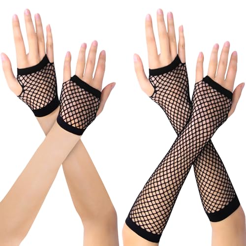 Quelcc Netzhandschuhe Schwarz, 4 Paar Fingerlose Handschuhe für Damen, Lang und Kurz, Netzhandschuhe für 80er Kostümpartys, Halloween und Cosplay Zubehör