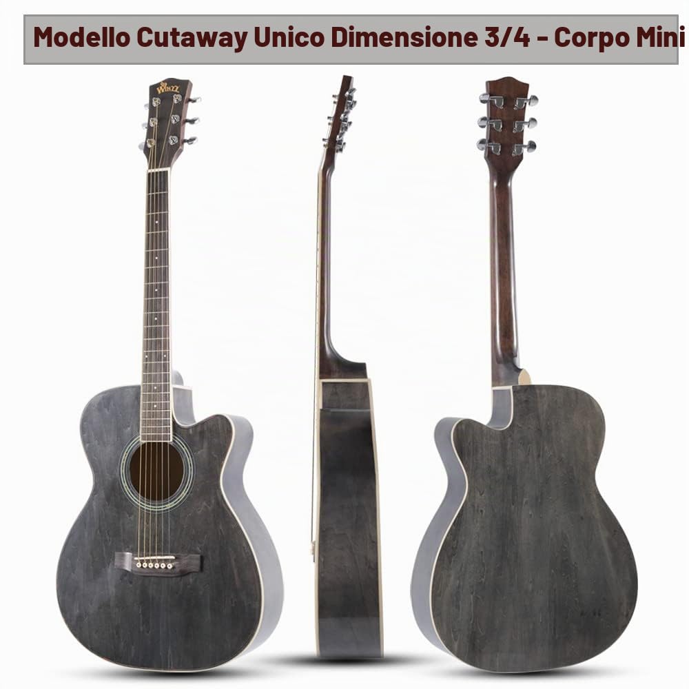 Winzz Chitarra Folk per Bambini 36 Pollici, Dimensione 3/4 Chitarra Acustica Nero-grigio Kit per Principianti