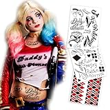 3 Sheets Cosplay-Inspired HARLI QUYNN Temporary Tattoos – Halloween Tattoo Stickers for Men, Women, and Kids – Clown Girl Design Fake Tattoos for Halloween, Cosplay, and Costume Parties