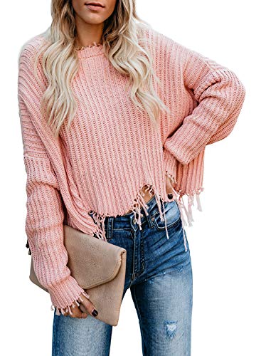 Ladies Oversized Knitted Crop Sweaters Top Fall Casual Long Sleeve V-Neck Ripped Pullover Sweatshirt Pink S