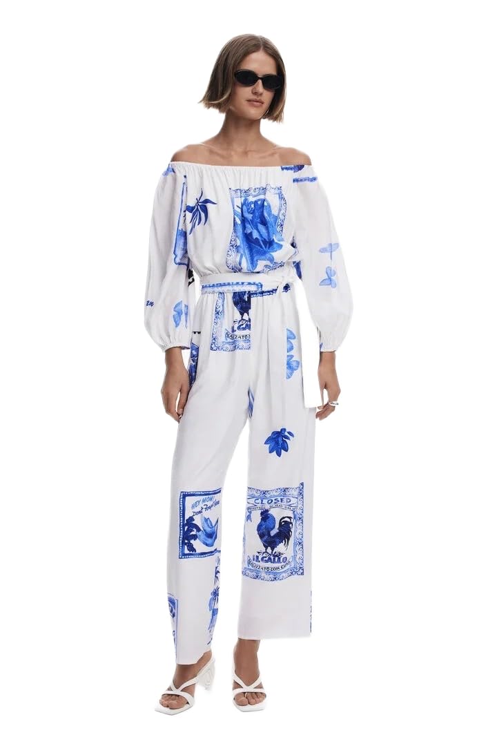 Desigual Damen Weiß Bedruckter Postkarten-Overall, Xl
