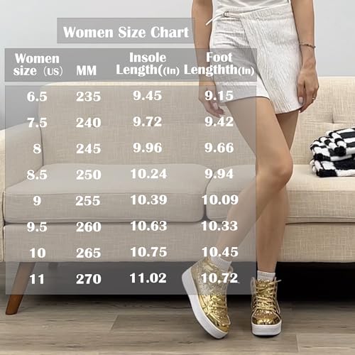 IGxx Womens Platform Glitter Shoes High Top Sparkly Sneakers Shiny Fashion Bling Dressy Sequin Metallic Sneakers Disco Wedding Shoes Gold Women Size 7.5