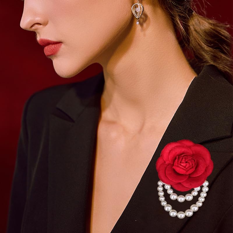 Image of Fabric Camellia Flower Brooch Pins Pearl Tassel Brooches Hair Hairpin Headpieces Shawl Clips Shirt Jacket Wedding Clothes Accessories Jewelry for Women Fashion