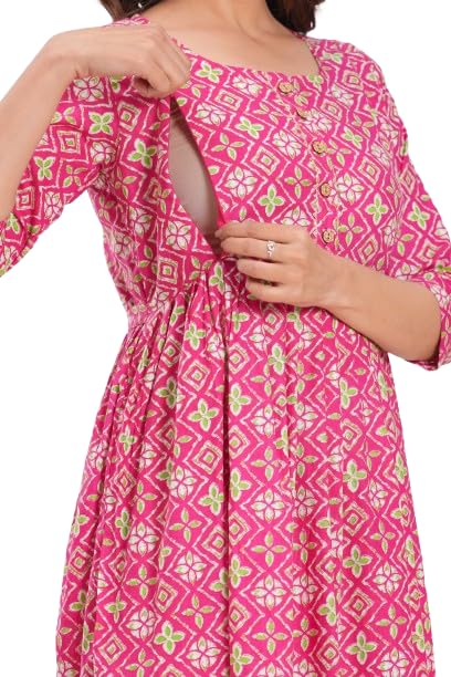 Image of Women's Feeding Kurta Cotton | Floral Anarkali Pregnancy Kurta with Nursing Zipper | Pre & Post Partum | Maternity Dresses | Mom to Be Gift
