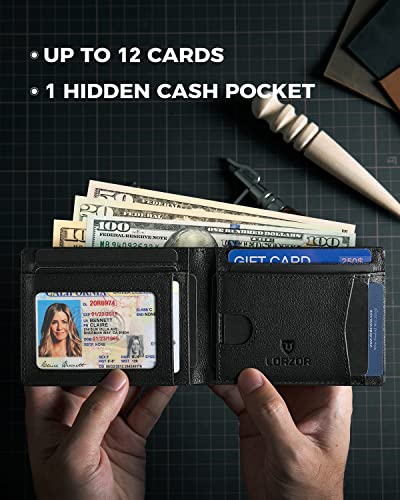 Image of LORZOR Mens Wallet with AirTag Holder, Bifold Full Grain Leather AirTag Wallet with ID Window RFID Blocking Gift Box for Men, up to 12 Cards