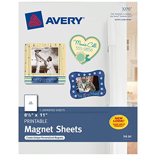 Avery 3270 Magnet Sheets, Printable, Inkjet, 8-1/2-Inch x11-Inch , 5/BX, Matte WE