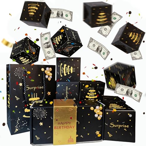 Yxelydriail Birthday Pop Up Explosion Gift Box Black Gold Surprise Explosion for Money Folding Bouncing Cash Boxes Money with 10 Jumping Boxes for Kids Boys Men Dad (Black Gold)