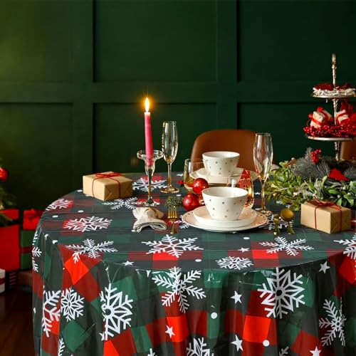Image of Ganeen 6 Pcs Christmas Buffalo Plaid Snowflake Decoration Red Green Snowflake Winter Plastic Tablecloth Winter Party Wonderland Decorations Xmas Table Cover for Christmas Holiday Birthday Party Supply