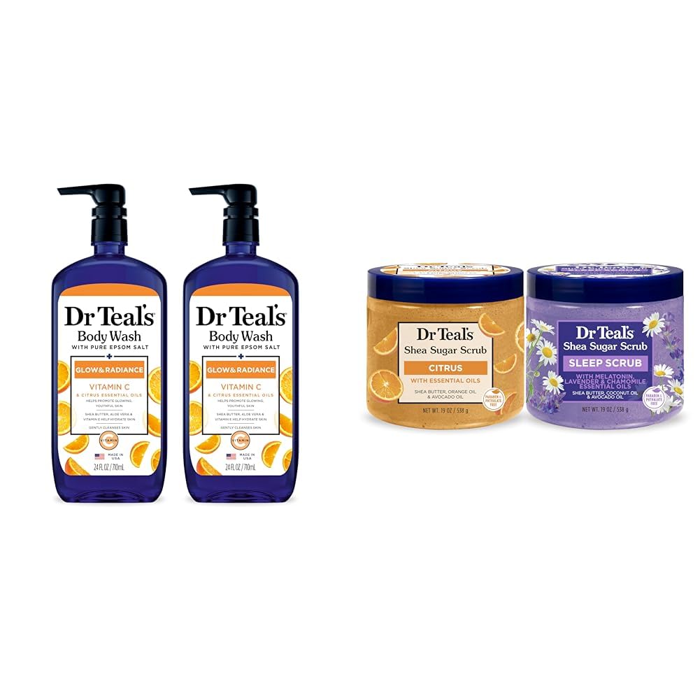 Dr Teal's Body Wash & Sugar Scrub Bundle with Epsom Salt, Vitamin C & Essential Oils, 24oz Body Wash (Pack of 2) & 19oz Sugar Scrub (Pack of 2)