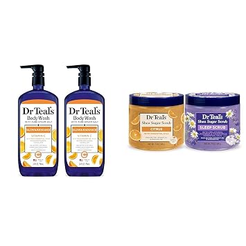 Dr Teals Body Wash & Sugar Scrub Bundle with Epsom Salt, Vitamin C & Essential Oils, 24oz Body Wash Pack of 2 & 19oz Sugar Scrub Pack of 2