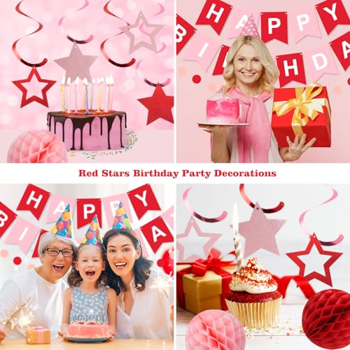 Image of Birthday Decorations Happy Birthday Banner with Honeycomb Balls | 16pcs Birthday Set: 1 Banner+6 Honeycomb Balls+8 Star Spirals+1 Circle Dots, Happy Birthday Decor - Red