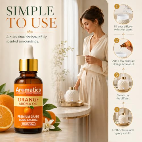 Image of AROMATICO Orange Diffuser Oil for Long-Lasting Fragrance. Premium Aroma Oil for Aromatherapy, Meditation & Concentration. Versatile Use in Diffusers, Air Fresheners - 30ml