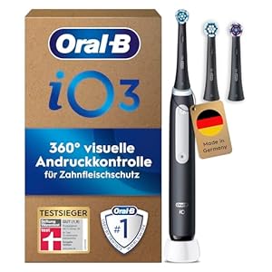 Oral-B iO Series 3 Plus Edition Elektrische Zahnbürste — Electric Toothbrush, Inkl. 3 Aufsteckbürsten, 3 Putzmodi für Zahnpflege, Designed by Braun, TESTSIEGER Stiftung Warentest (12-2024) — Schwarz