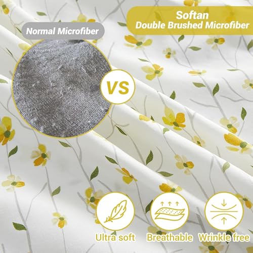 Image of Softan Yellow Floral Bed Sheets Full Flower Printed Sheets - Patterned Microfiber Fitted Sheets Full with 15 inch Deep Pocket & Non-Slip Straps, Cute Flower Sheets & Pillowcase Set
