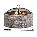 Sunjoy 26 in. Stone Fire Pit, Patio Outdoor Round Wood Burning Fire Pits for Outside with Spark Screen and Poker, Brown & Black