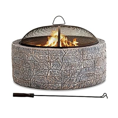 Sunjoy 26 in. Stone Fire Pit, Patio Outdoor Round Wood Burning Fire Pits for Outside with Spark Screen and Poker, Brown & Black