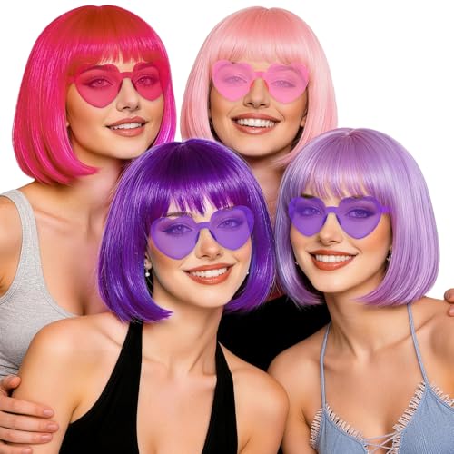 4 Pack Colorful Bob Wig and Heart Sunglasses for Women Men, Neon Colored Bob Wigs Fancy Dress Hair with Hair Cap for Bachelorette Theme Funny Party Favors Music Festival Drag Queen Nightclubs