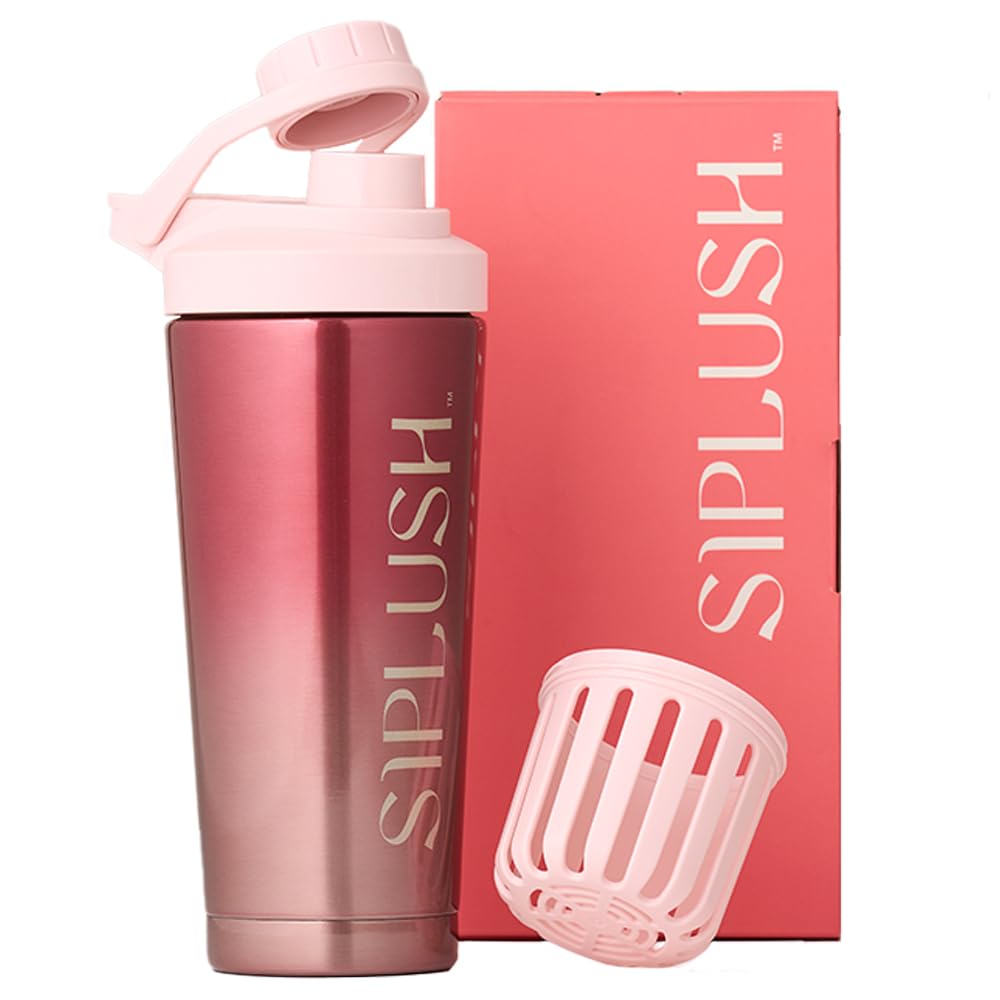 SIPLUSH Paradise Shaker Bottle, 24 oz, Insulated Stainless Steel Protein Shaker, Smoothie and Pre Workout for Women, with Leakproof Twist-Off Chug Cap, Quiet Mixing, Pink Ombre, Pismo Sunset