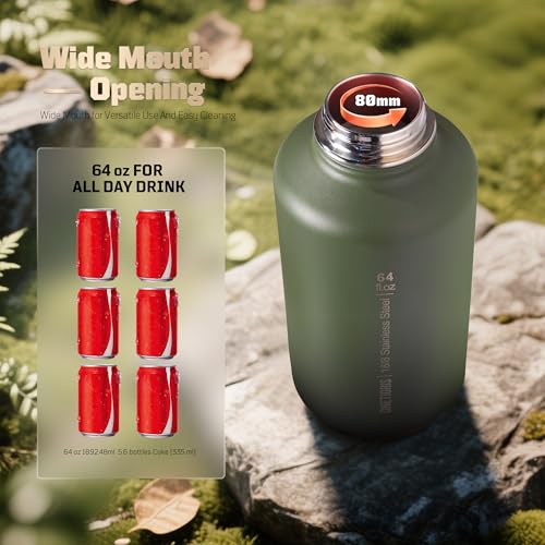 Image of ONETIGRIS Tactical Half Gallon Water Bottle with Straw - 64 oz Vacuum Insulated Stainless Steel Water Jug, Leakproof Sport Bottle with 3 BPA Free Lids, Paracord Handle & MOLLE Water Pouch for Outdoor