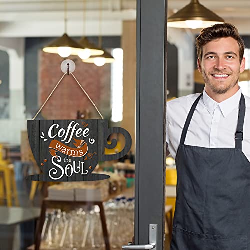 Image of Jetec Wooden Coffee Bar Signs for Wall 11.8 x 6.8 Inches Hanging Sign Rustic Vintage Cup Plaque Coffee Warms The Soul for Cafe Station Signs Decorations Small Farmhouse Cafe Sign Home Kitchen