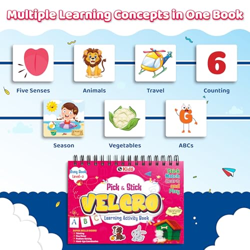 Image of Pick & Stick Velcro Learning Activity Book For Kids | Busy Book Level 2 For 3+ Years Old Toddlers | Montessori DIYs, Skill Builder, Numbers, Alphabets, Animals, 5 Senses, Travel Vehicles, Kids Gifts