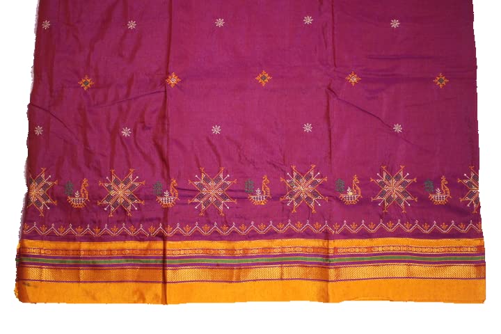 Image of Women Ilkal Cotton Blended Silk Kasuti Embroidery Saree with Traditional Stripe Pallu Unstitched Blouse Pattu