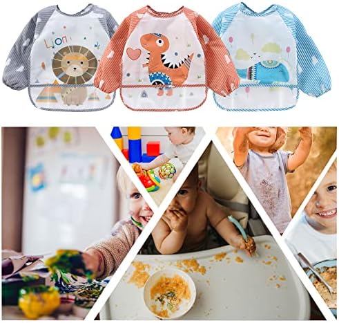 JinBei Baby Bibs with Sleeves, 3PCS Long Sleeve Bibs Waterproof with Large Pocket Babies Feeding Bib, Washable Easy to Clean Eating and Painting Bibs for Unisex Infant Toddler 6-36 Months
