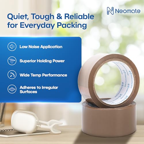 Image of Neomate Low Noise Brown BOPP Packaging Tape | 48mm x 50m, Pack of 2 |Heavy-Duty Durable Tan Tape for Packaging, DIY