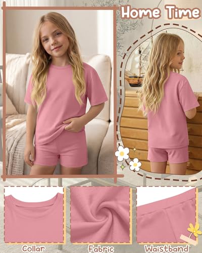 Image of Oakgarden Summer Outfits for Girls 5-14Y Athletic Casual Sets Kid Short Sleeve Shirt Bike Shorts 2 Piece Tween Trendy Clothes