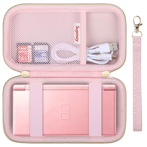 Image of Supmay Hard Carrying Case Compatible with Nintendo DS Lite NDSL, Gameboy Advance Games Storage Holder Travel Bag with Mesh Pocket for USB Charging Cable, Stylus, Earphones, Game Cartridge, Pink