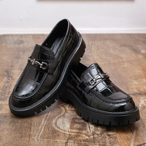 Image of Mens Patent Leather Slip-On Platform Dress Horsebit Loafer Low Heels Round Toe Non-Slip Penny Shoes for Formal Business Wedding
