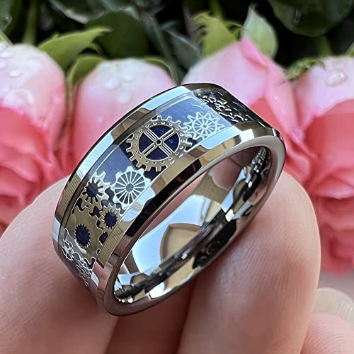 Tutiss 8Mm Blue Carbon Fiber Steampunk Gear Inlay Tungsten Carbide Rings For Men Women Wedding Bands Beveled Edges I Love You Engraved Comfort Fit Size 9 #TOP4