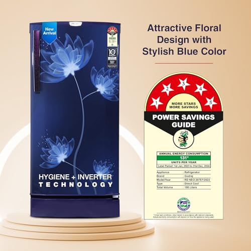 Image of Godrej 180 L 5 Star Inverter, Jumbo Vegetable Tray Direct Cool Single Door Refrigerator With Base Drawer(RD 190E PTDI GL BL, Glass Blue)