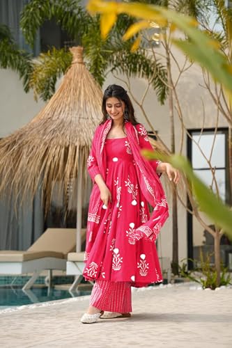 Image of ANNI Designer Women's Rayon Blend Anarkali Printed Kurta with Pant & Dupatta | Ethnic Kurta Pant Dupatta Set for Women | Traditional Indian Wear Outfit