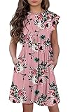 HOSIKA Girls Floral Party Dress Ruffle Short Sleeve Pleated Casual Boho Swing Holiday Sundress with Pockets for Girls Flower Pink 14-16 Years