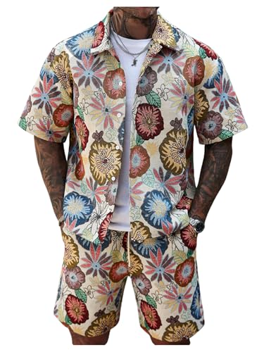 Men's 2 Piece Outfit Short Sets Vintage Floral Embroidery Button Down Shirts and Drawstring Shorts Vacation Set