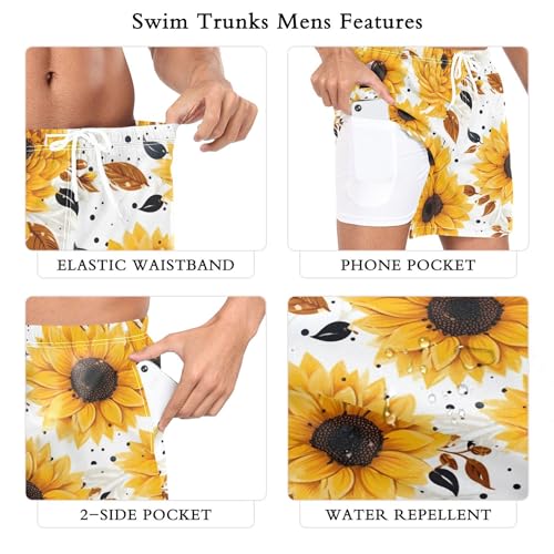 xigua Vintage Sunflowers Mens Swim Trunks with Liner, 5 inch Quick Dry Mens Boardshorts for Beach3