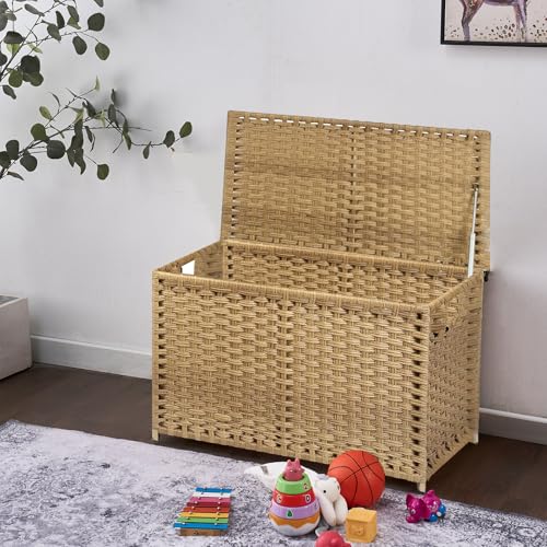 Image of Wicker Storage Trunk, 30 x 17 x 18 inches, 160L(42.3 Gallon), Handwoven Wicker Chest with Stay-Open Lid, Metal Frame, Easy to Assemble, Supports 200 lbs, Rural Natural