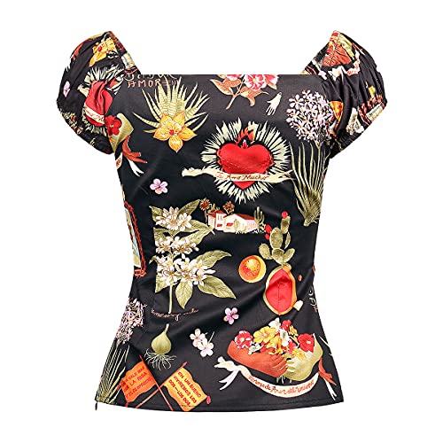 Image of YARN & INK Women's Rockabilly Tops 1950s Pinup Shirt Casual Off Shoulder Vintage Blouse