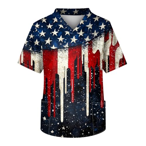 4 of July Scrub Tops 250 Anniversary Independence Day Men V Neck Short Sleeve Printed Scrubs for Men Nurse Uniform with Pockets 01-Navy L