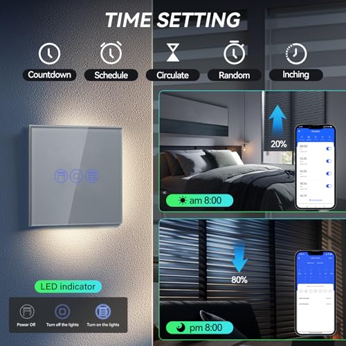 BSEED WiFi Smart Rolladenschalter, Fernbedienung und Timer-Funktion mit Smart Life/Tuya APP, arbeitet mit Alexa Echo und Google Home, WiFi Jalousieschalter mit Touch Panel Grau