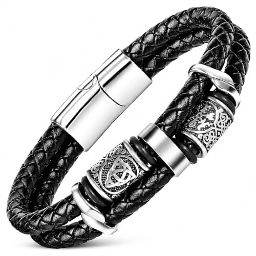 Product Image of the Enjoy Risingsun Viking Leather Bracelet For Men Balck Cool Handmade Stackable stainless steel Jewelry, Faith and Courage Bangle Bracelets,Gifts for Men Son Dad